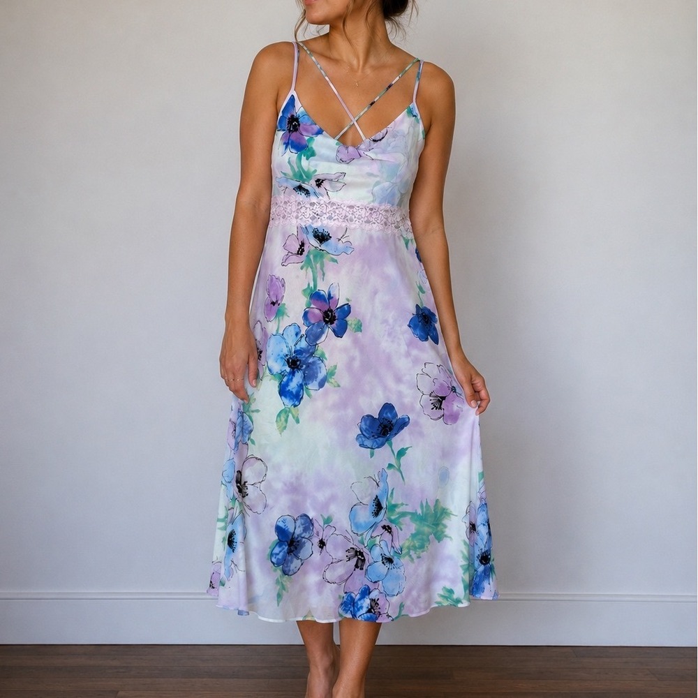 Vtg Floral Slip midi Dress Lace Y2K Fairy Whimsy M formal wedding tropical